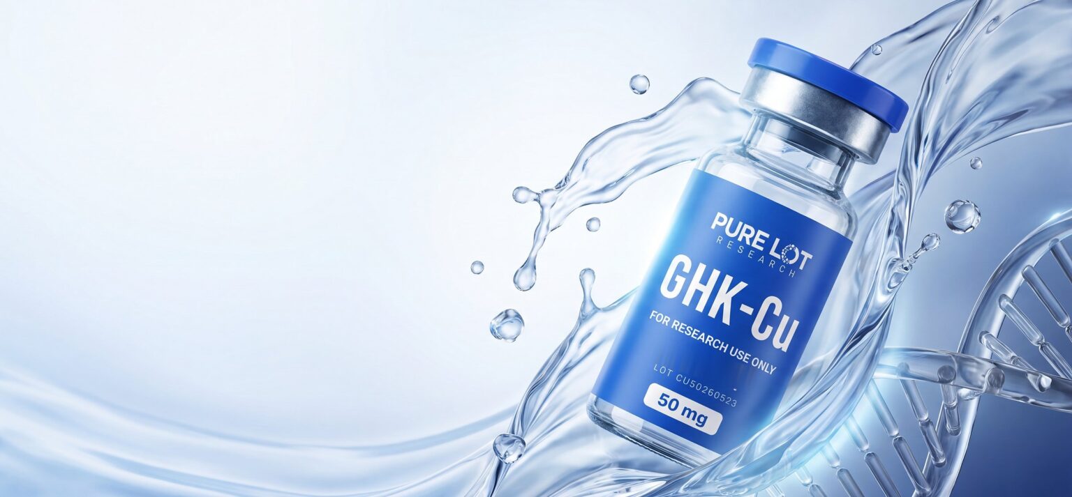 Pure Lot Research GHK-Cu 50mg research vial, lot CU50260523, with water and DNA helix artwork