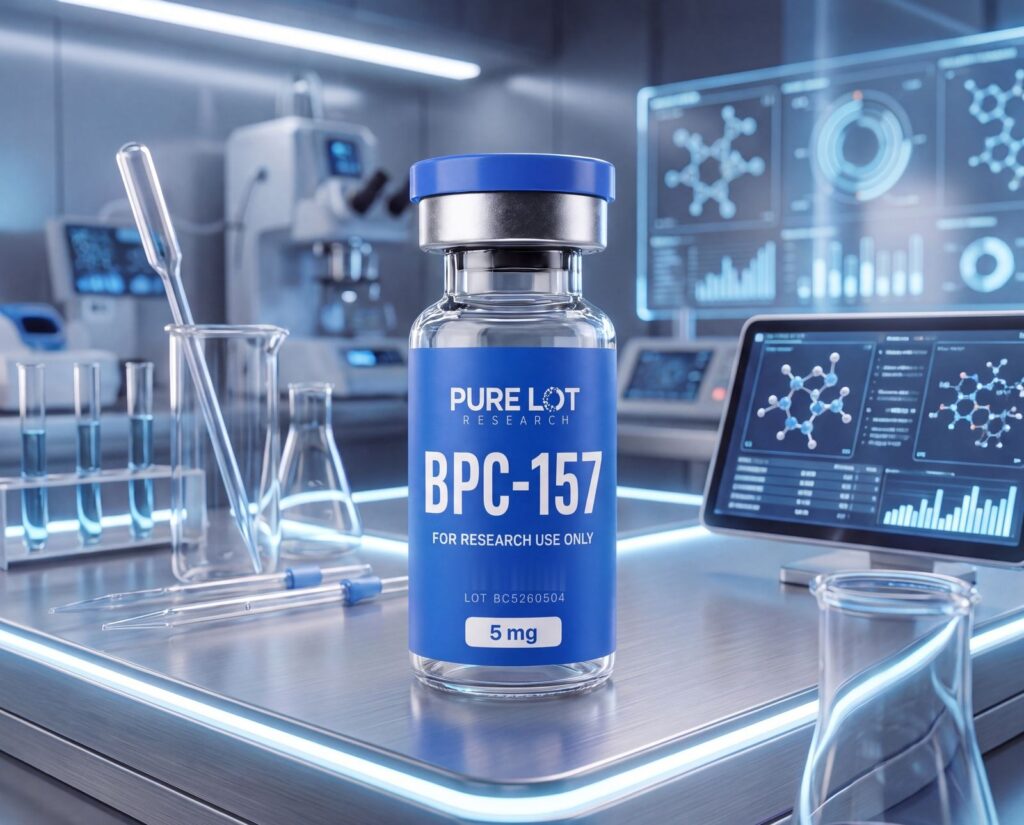 Pure Lot Research BPC-157 5mg research vial, lot BC5260504, on a laboratory bench